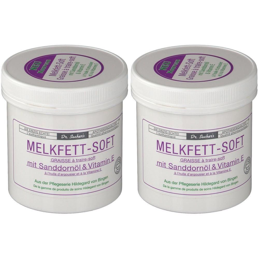 Zwei weiße Tiegel mit Deckel. Aufschrift: MELKFETT-SOFT mit Sanddornöl & Vitamin E. Lila Etikett mit Logo.