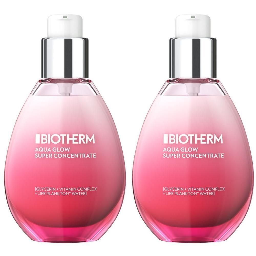 Zwei Flaschen mit rosa Flüssigkeit und silbernen Pumpköpfen. Auf jeder Flasche steht BIOTHERM Aqua Glow Super Concentrate.