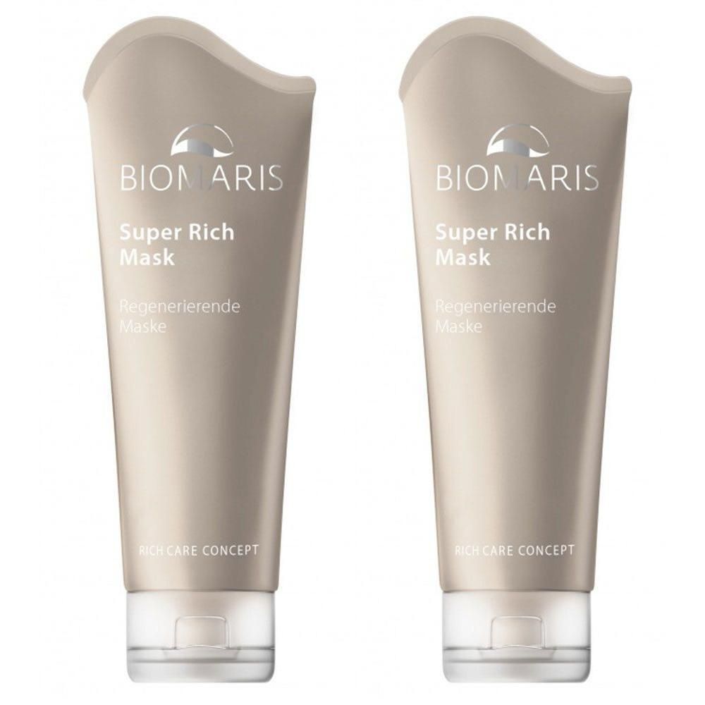 Zwei Tuben BIOMARIS Super Rich Mask. Beige Tuben mit weißer Schrift. Aufschrift: Regenerierende Maske. Unten: RICH CARE CONCEPT.