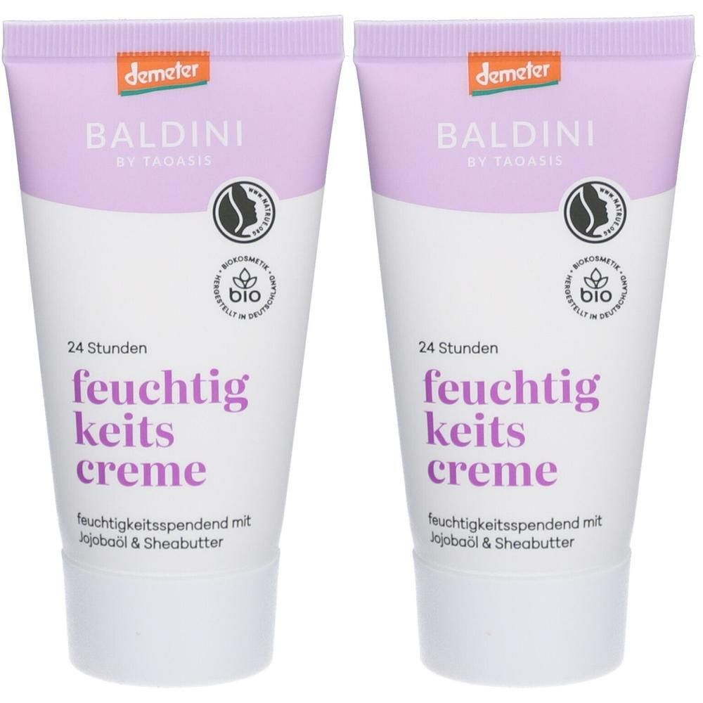 Zwei Tuben Feuchtigkeitscreme. Aufschrift: BALDINI, 24 Stunden, feuchtigkeitsspendend. Mit Demeter-Siegel und Bio-Zertifizierung.