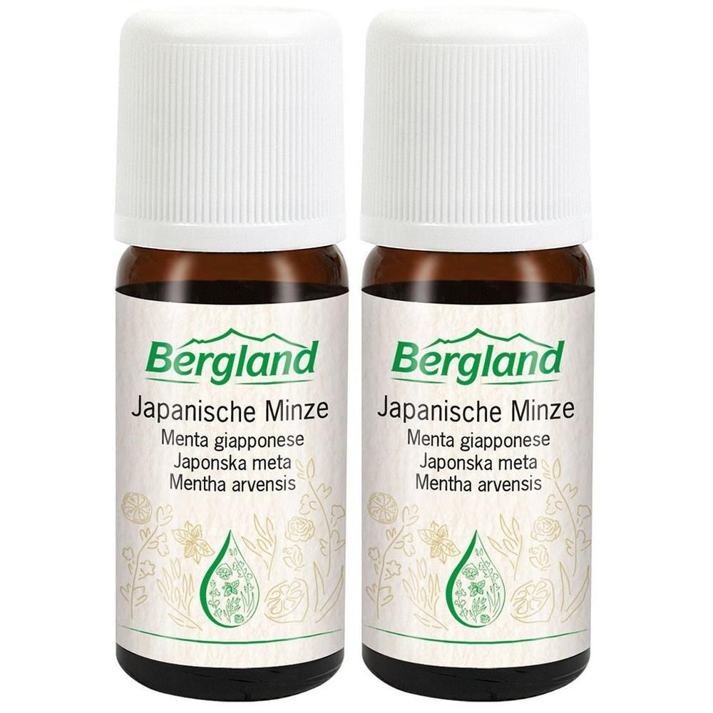 Zwei braune Glasflaschen mit weißen Deckeln. Auf den Etiketten steht "Bergland Japanische Minze".