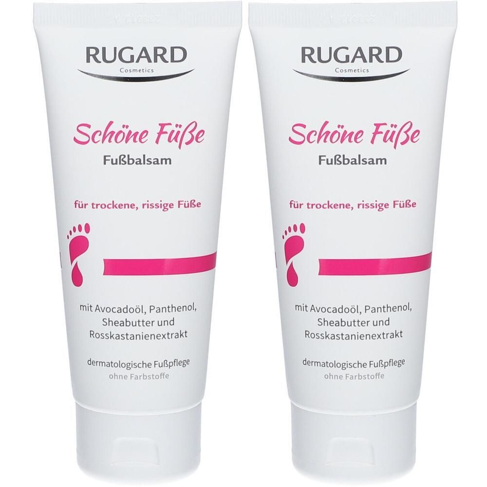 Zwei Tuben Fußbalsam. Aufschrift: RUGARD, Schöne Füße, Fußbalsam. Für trockene, rissige Füße. Mit Avocadoöl, Panthenol, Sheabutter und Rosskastanienextrakt.