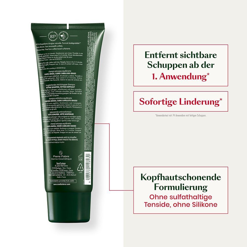 Rückseite der grünen Tube Shampoo. Text: Inhaltsstoffe, Anwendungshinweise. Ohne Sulfate, ohne Silikone.