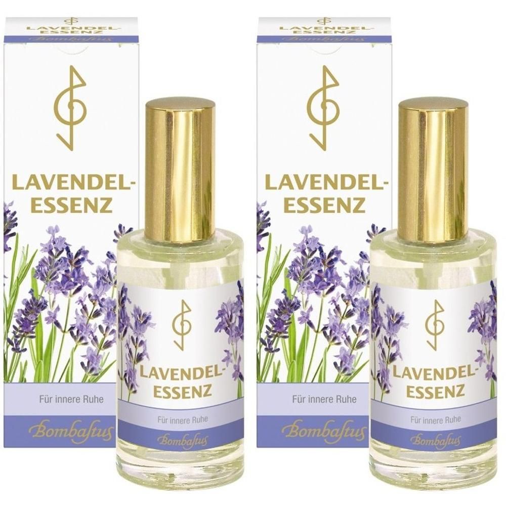 Zwei Flaschen mit goldfarbenen Verschlüssen und Etiketten mit Lavendel-Illustrationen. Aufschrift: Lavendel-Essenz, Bombastus.