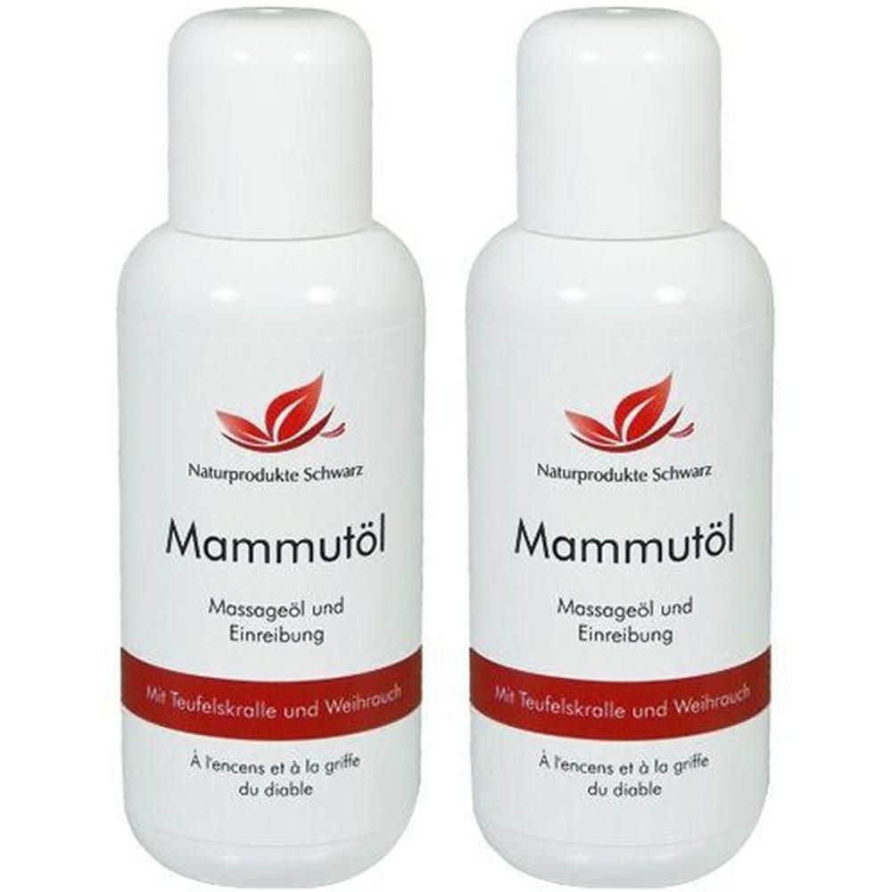 Zwei weiße Flaschen mit roter und schwarzer Beschriftung. Aufschrift: Mammutöl, Massageöl und Einreibung. Mit Teufelskralle und Weihrauch.
