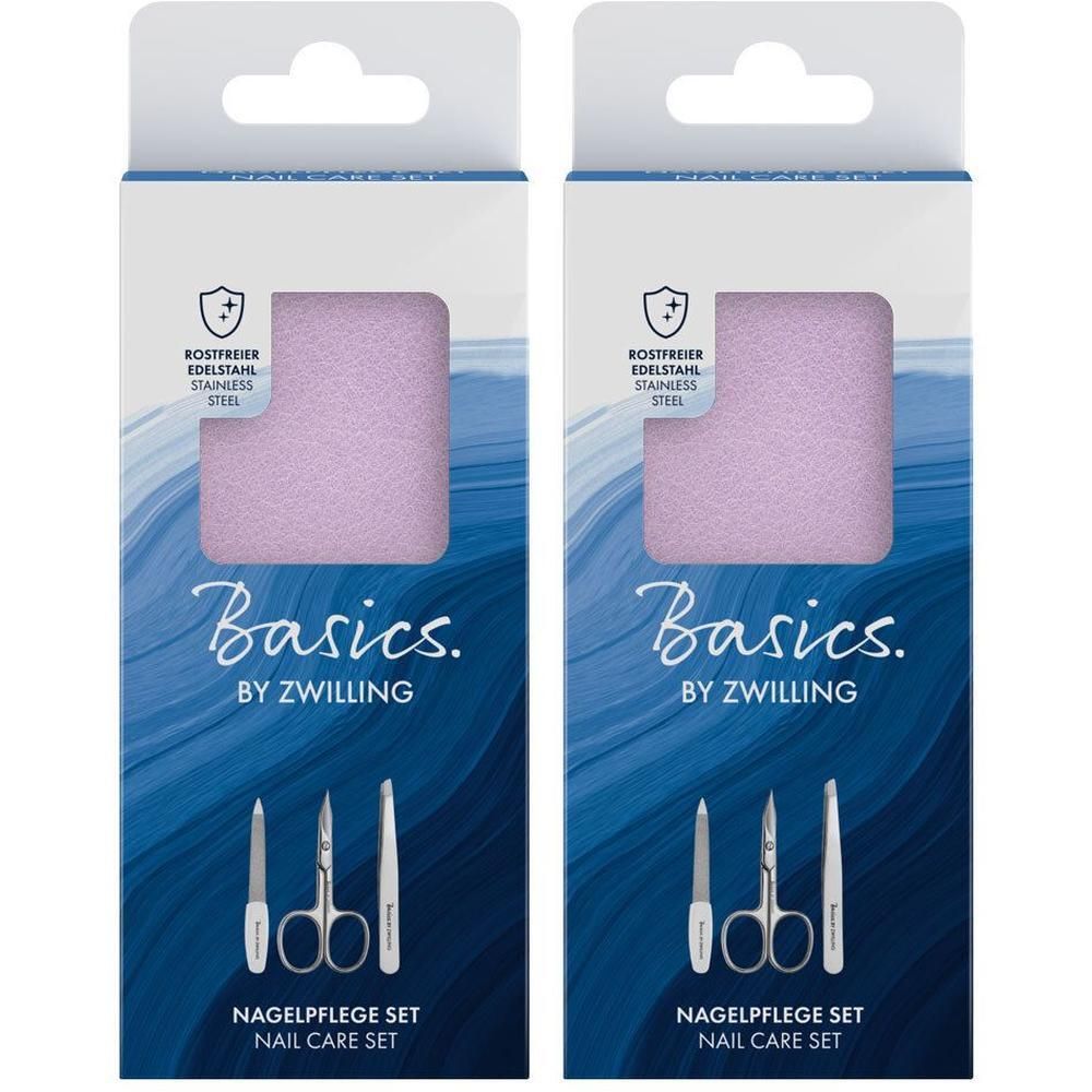 Zwei Nagelpflege-Sets in rosa Verpackung. Enthält Nagelfeile, Schere und Pinzette. Marke: Basics by Zwilling. Rostfreier Edelstahl.
