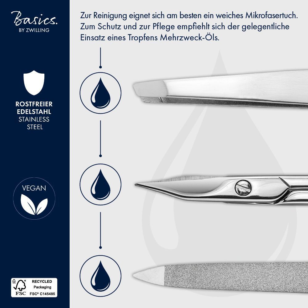 Nahaufnahme von Nagelpflege-Werkzeugen. Marke: Basics by Zwilling. Edelstahl. Vegan. Tropfen-Illustrationen.