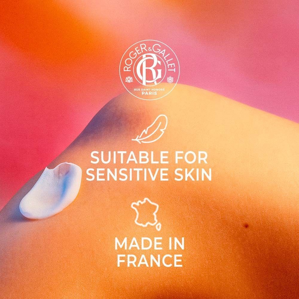 Produkt auf Haut aufgetragen. Text: 'SUITABLE FOR SENSITIVE SKIN' und 'MADE IN FRANCE'. Logo 'ROGER & GALLET'.