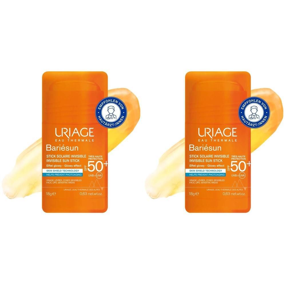 Zwei orangefarbene Sonnenschutzstifte. Aufschrift: Uriage Bariésun Stick Solaire Invisible SPF50. Mit Empfehlungssiegel.