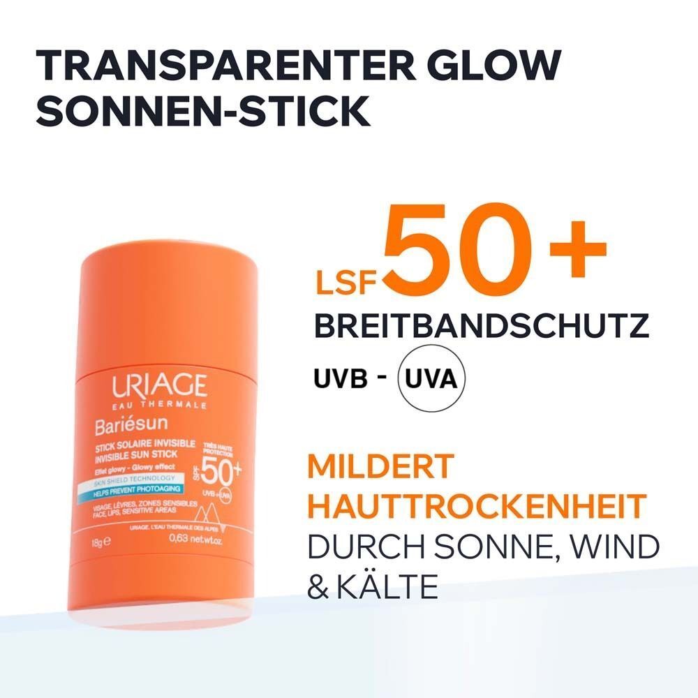 Orangefarbener Sonnenschutzstift. Aufschrift: Uriage Bariésun Stick Solaire Invisible SPF50. Text: LSF 50+, Breitbandschutz.