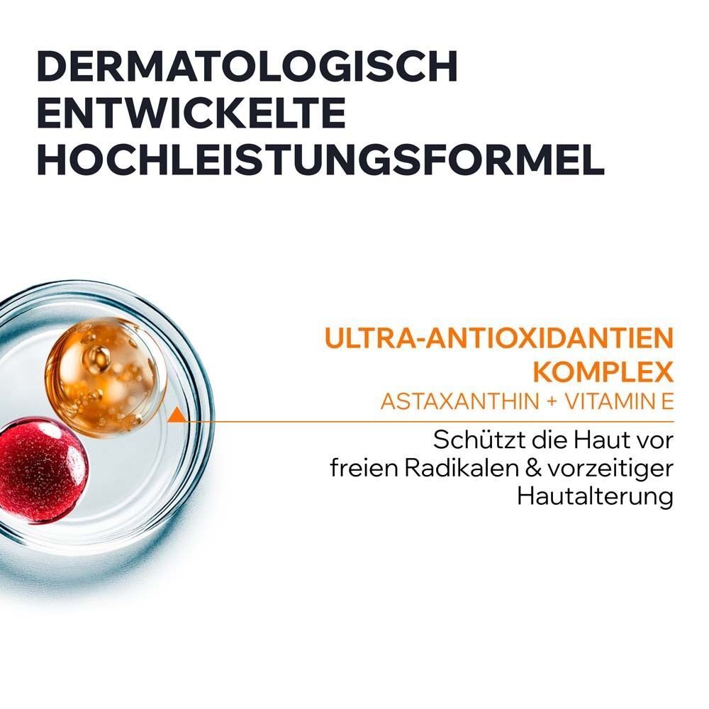 Nahaufnahme von Flüssigkeiten in einem Glas. Text: Ultra-Antioxidantien-Komplex, Astaxanthin + Vitamin E. Schützt vor Hautalterung.