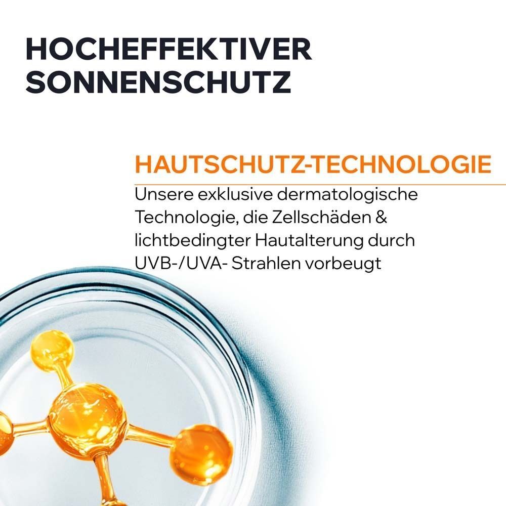 Molekülmodell in einem Glas. Text: Hautschutz-Technologie. Beugt Zellschäden durch UVB-/UVA-Strahlen vor.