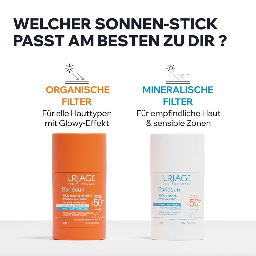 Zwei Sonnenschutzstifte. Links: Uriage Bariésun, orange. Rechts: Uriage Bariésun Mineral, weiß. Text: Organisch vs. mineralisch.