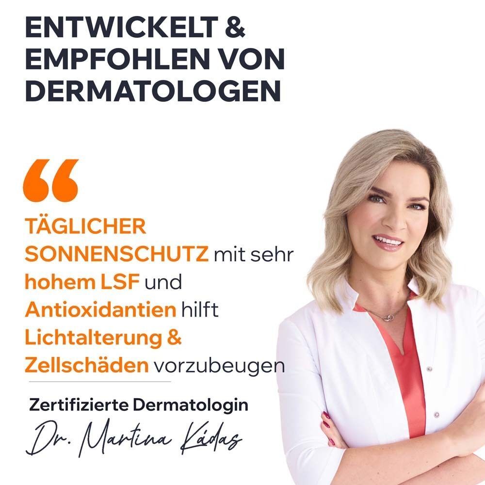 Frau im weißen Kittel. Text: Entwickelt & empfohlen von Dermatologen. Täglichen Sonnenschutz mit hohem LSF. Zertifizierte Dermatologin.