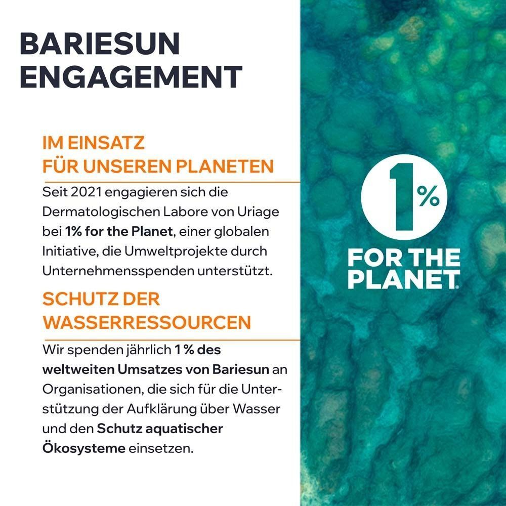 Text: Bariésun Engagement. 1% für den Planeten. Spenden für Organisationen, die sich für den Schutz aquatischer Ökosysteme einsetzen.