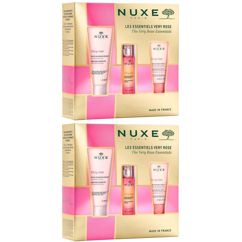 Geschenkset mit mehreren Produkten. Enthält Tuben und Flakons in rosa und weiß. Aufschrift: NUXE, Les Essentiels Very Rose.