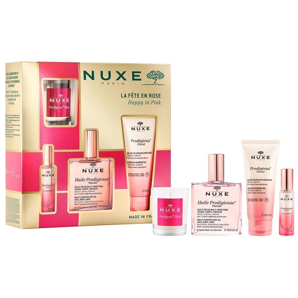 Geschenkset mit mehreren Produkten. Enthält Flakons und Tuben in rosa. Aufschrift: NUXE, La Fête en Rose, Happy in Pink, Huile Prodigieuse Florale.
