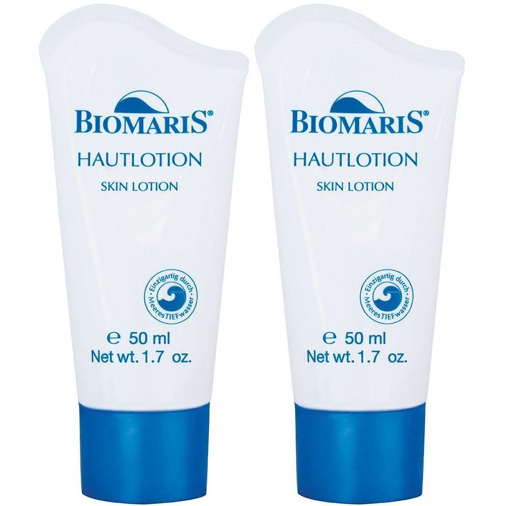 Zwei weiße Tuben mit blauem Deckel. Aufschrift: BIOMARIS HAUTLOTION SKIN LOTION. Mit Logo und Inhaltsangabe.