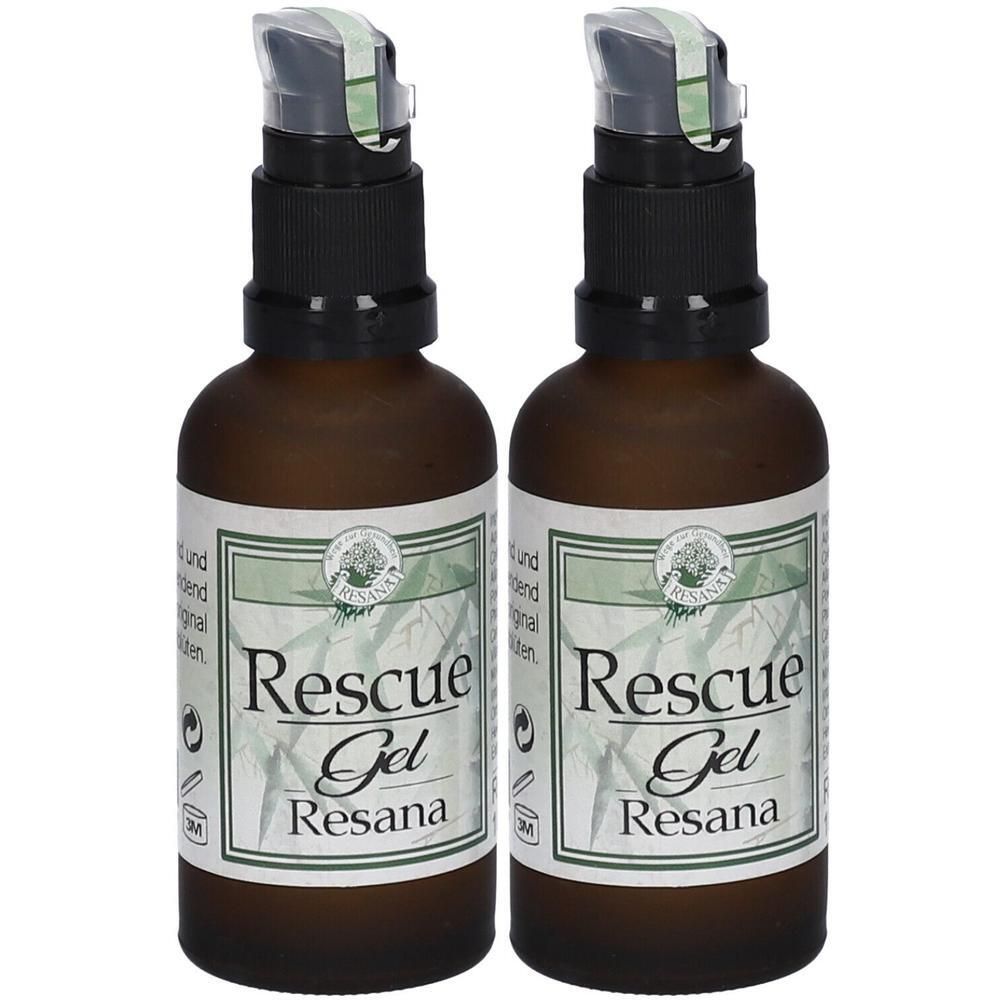 Zwei Flaschen mit braunem Glas und schwarzem Pumpverschluss. Auf dem Etikett steht "Rescue Gel Resana".