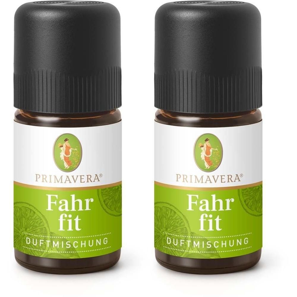 Zwei Flaschen PRIMAVERA® Fahr fit Duftmischung. Braunglasflaschen mit schwarzem Deckel und Etikett mit Produktnamen und Logo.