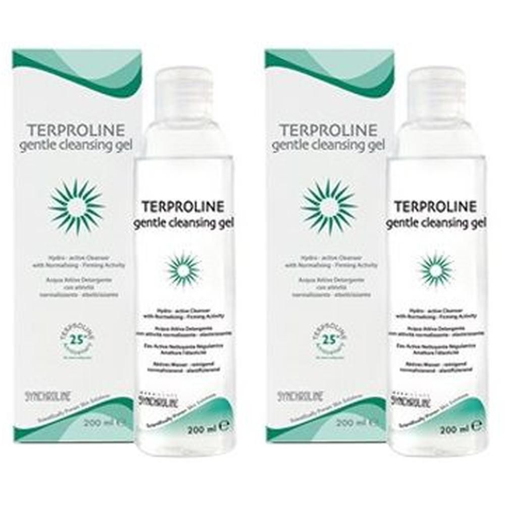 Zwei Flaschen und Verpackungen von SYNCHROLINE Terproline Reinigungsgel. Weiße Flaschen mit transparentem Gel, grüne Verpackung.