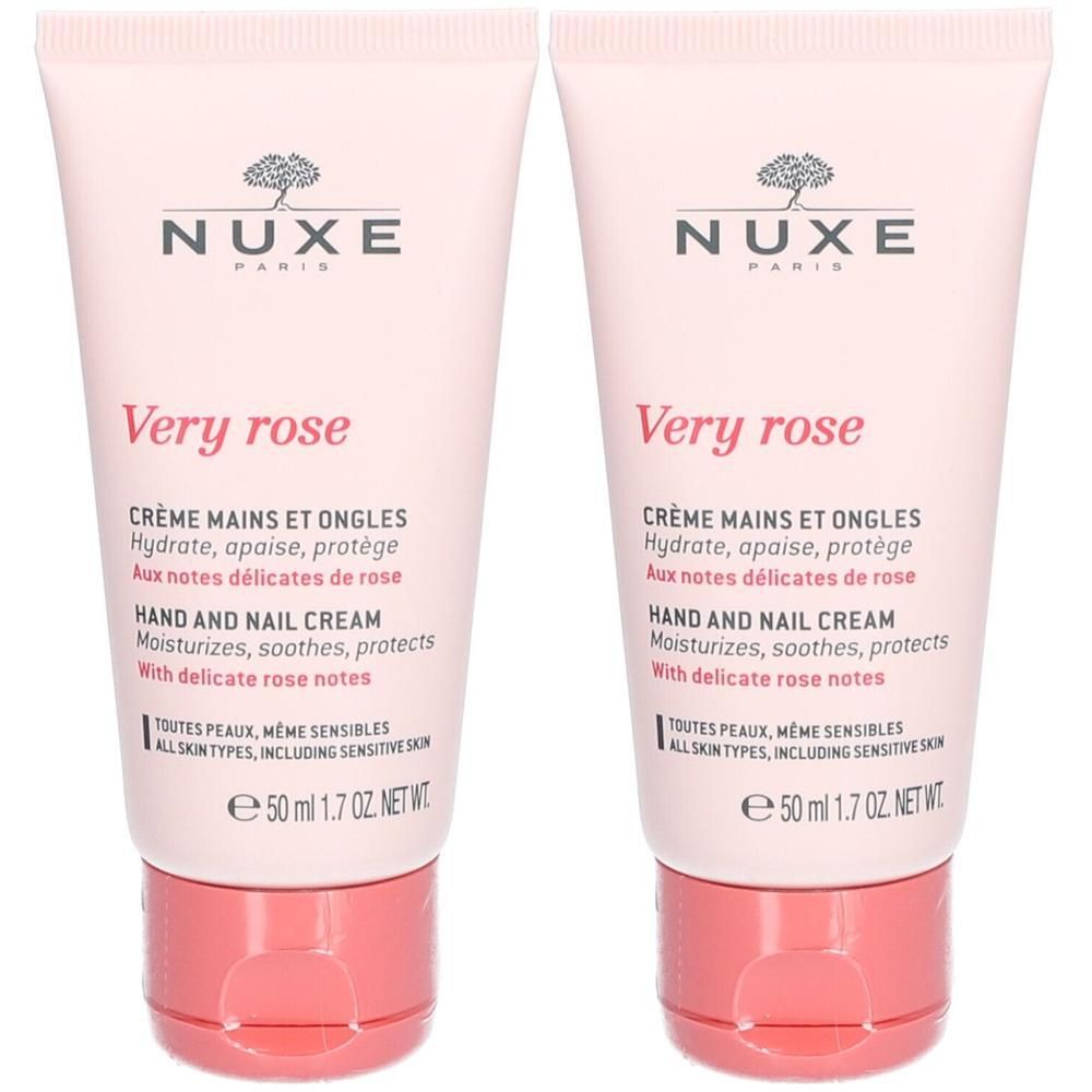 Zwei Tuben Handcreme. Rosa Tuben mit Schriftzug NUXE Very rose. Text: Hand- und Nagelcreme, 50 ml.
