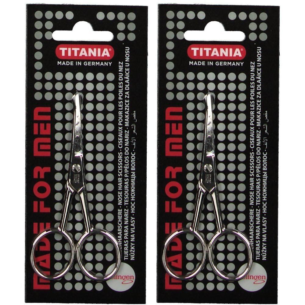 Zwei Nasenhaarscheren auf Verpackung. Marke TITANIA, Made in Germany. Schwarze Verpackung mit Produktinformationen.