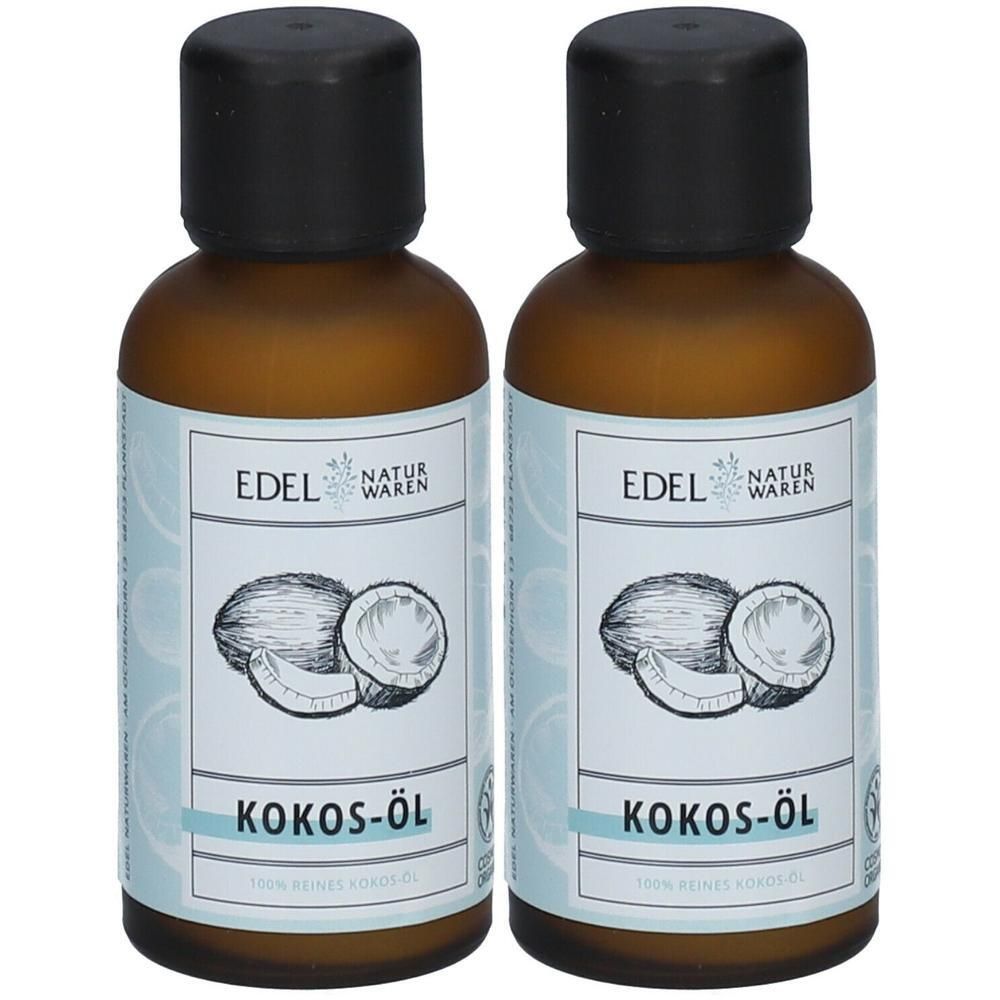 Zwei braune Flaschen mit schwarzem Deckel. Etikett mit Kokosnuss-Illustration und Schriftzug KOKOS-ÖL. Marke EDEL NATUR WAREN.