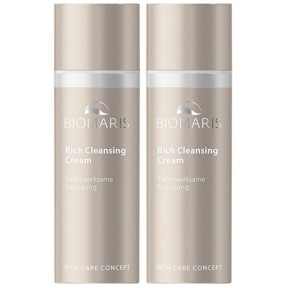 Zwei cremefarbene Flaschen. Aufschrift: BIOMARIS Rich Cleansing Cream. Tiefenwirksame Reinigung. Rich Care Concept.