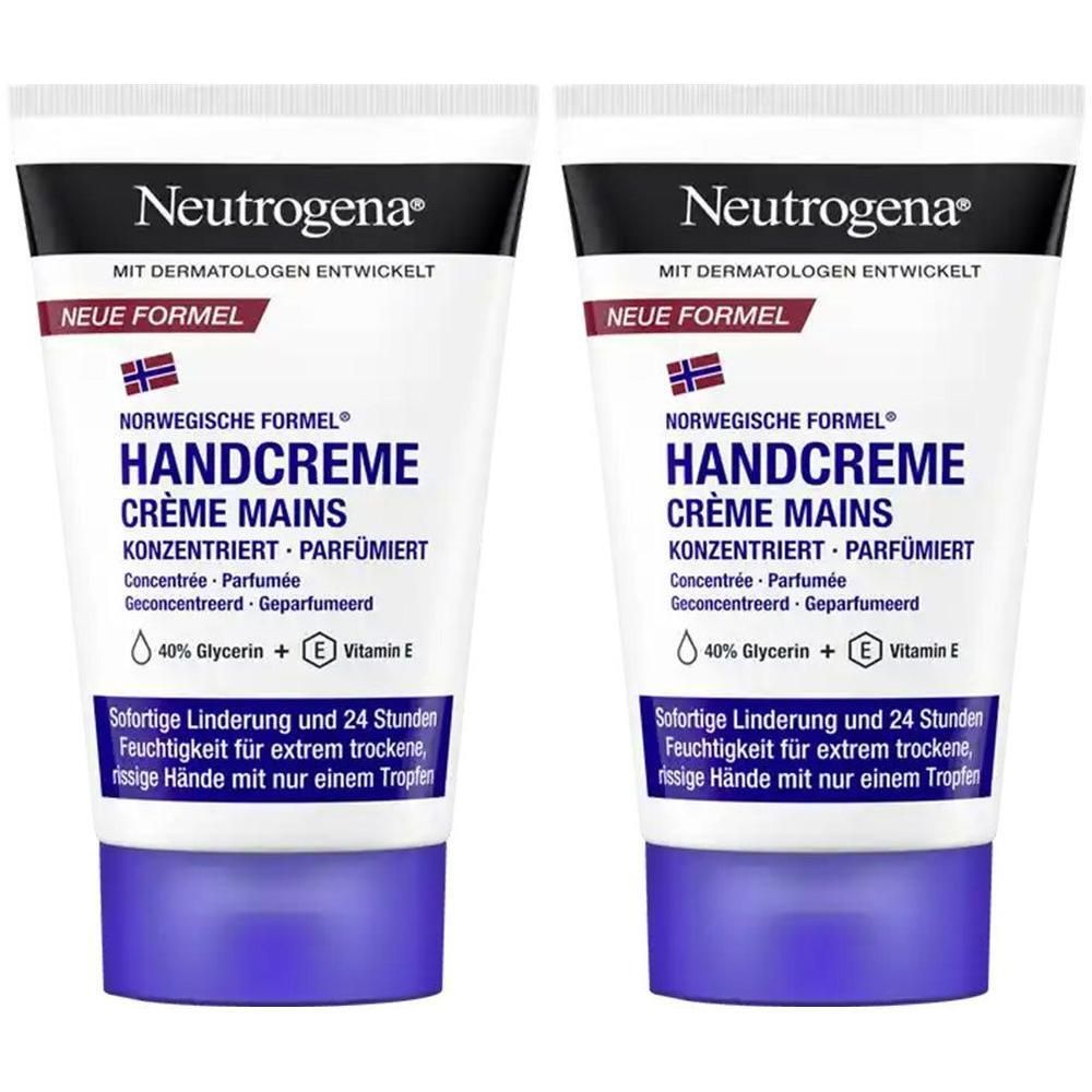 Zwei Tuben Handcreme. Weiße Tuben mit blauem Deckel. Aufschrift: Neutrogena, Norwegische Formel, Handcreme.
