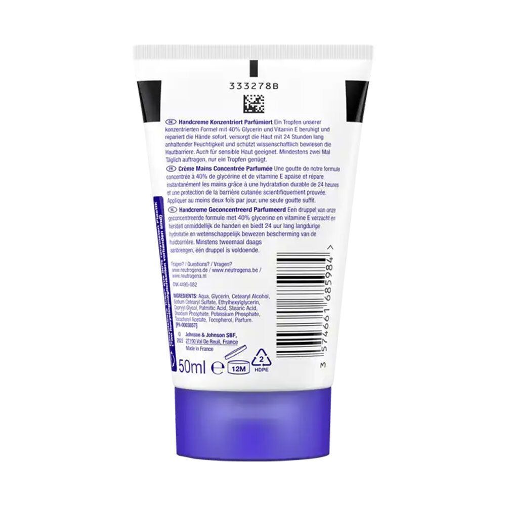 Rückseite einer Handcreme-Tube. Weiße Tube mit blauem Deckel. Text in mehreren Sprachen. Aufschrift: Neutrogena.