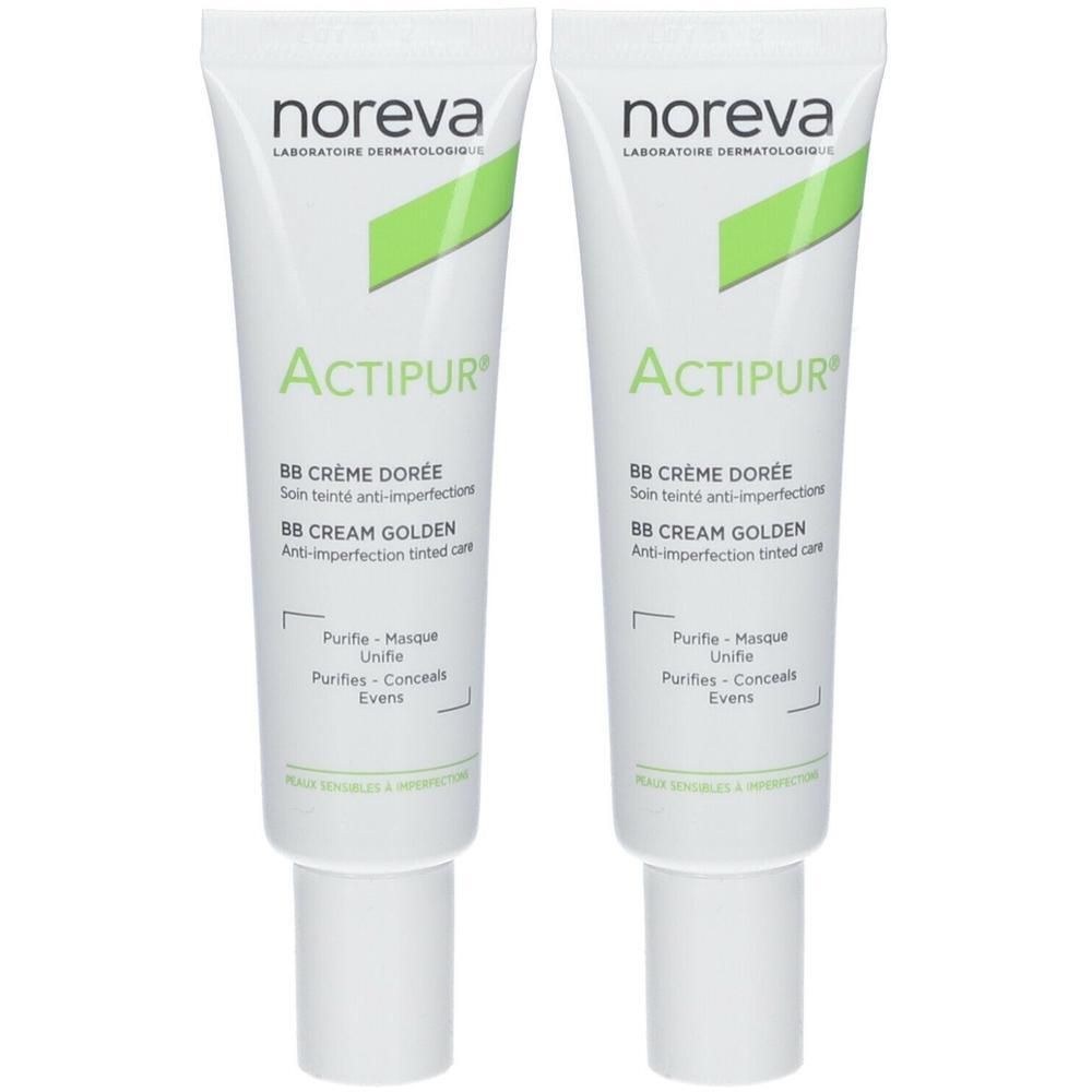 Zwei Tuben Actipure BB Creme, Marke Noreva. Weiße Tuben mit grünen Akzenten. Text: BB Crème Dorée, BB Cream Golden.