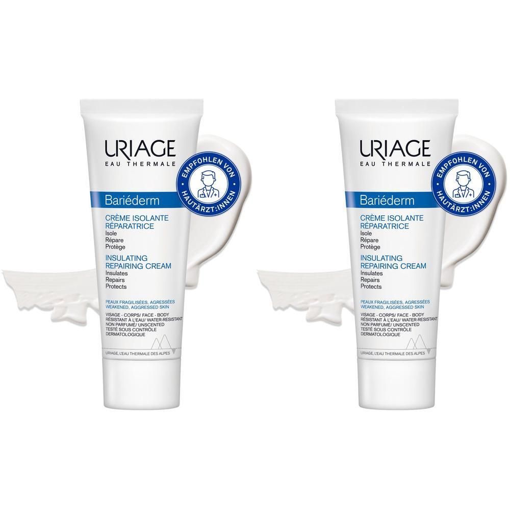 Zwei Tuben URIAGE BARIÉDERM Creme. Weiße Tuben mit blauer Schrift. Text: Crème Isolante Réparatrice, Insulating Repairing Cream.