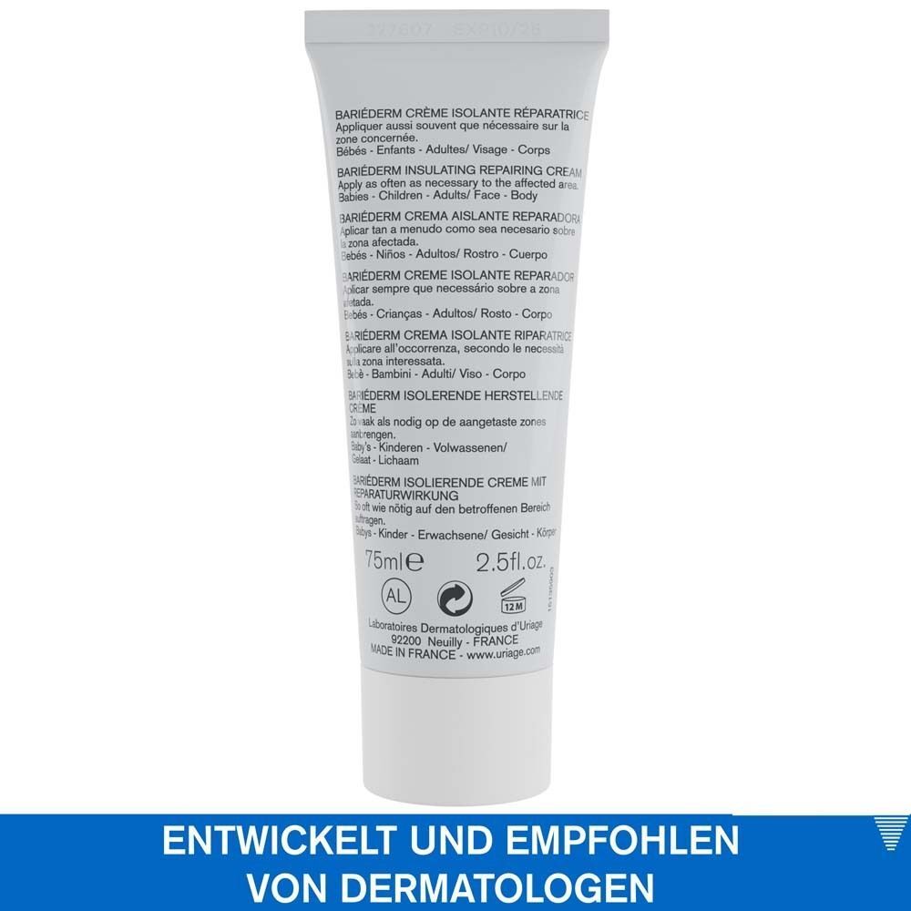 Rückseite einer Tube URIAGE BARIÉDERM Creme. Text in mehreren Sprachen. 75ml. Entwickelt und empfohlen von Dermatologen.