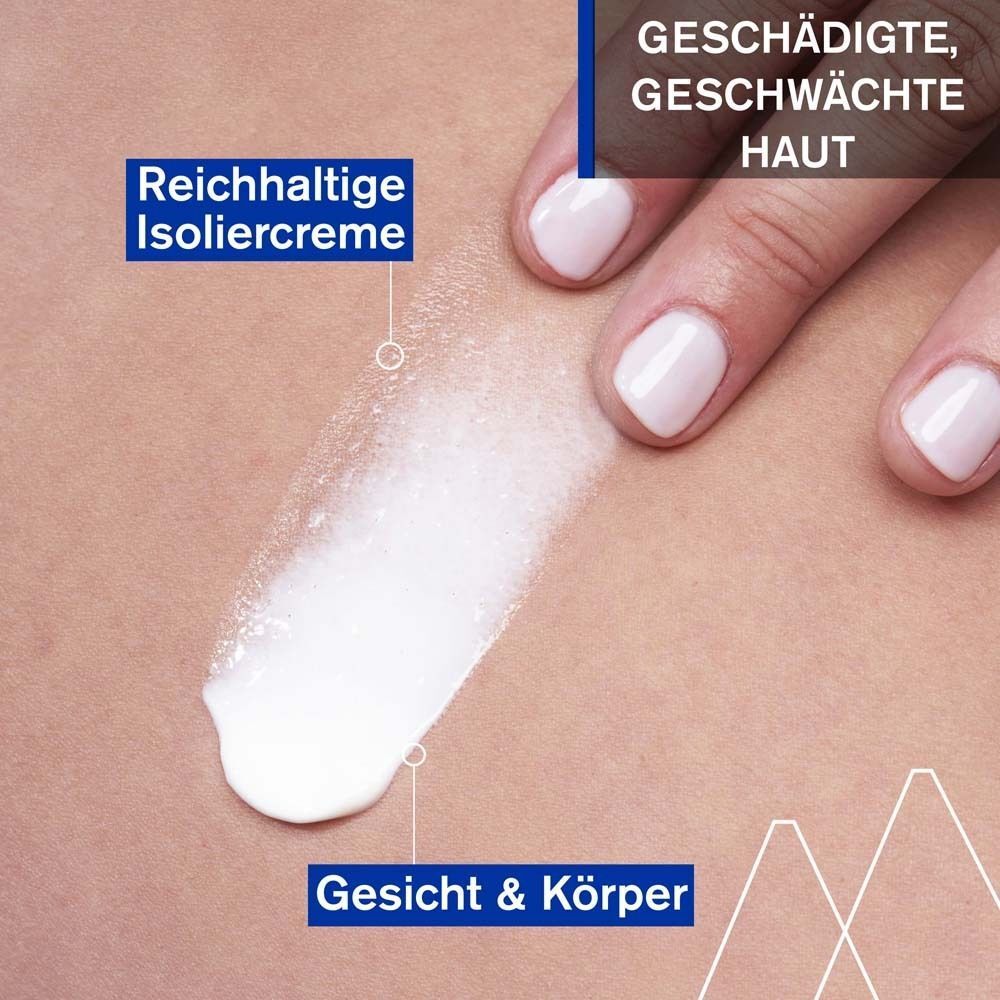 Nahaufnahme einer Hand, die Creme auf die Haut aufträgt. Text: Reichhaltige Isoliercreme, Gesicht & Körper, geschädigte Haut.
