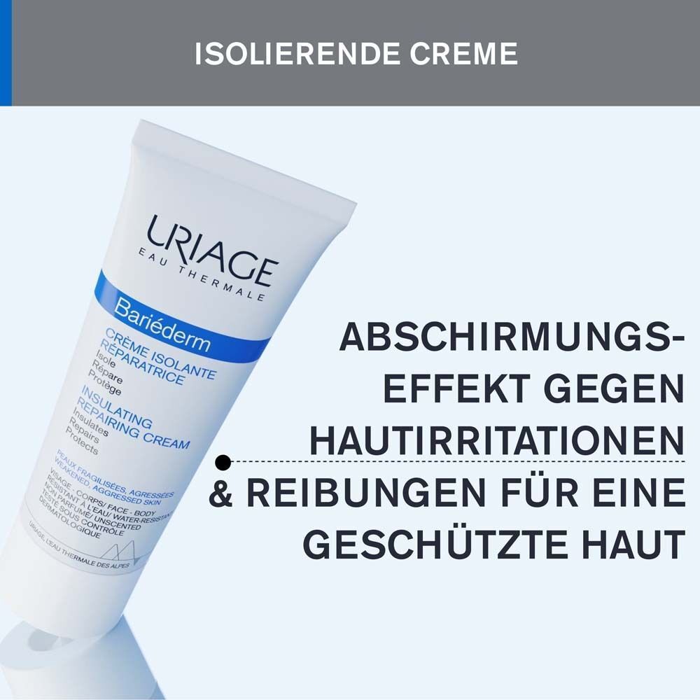 Tube URIAGE BARIÉDERM Creme. Text: Isolierende Creme, Abschirmungseffekt gegen Hautreizungen & Reibungen für geschützte Haut.