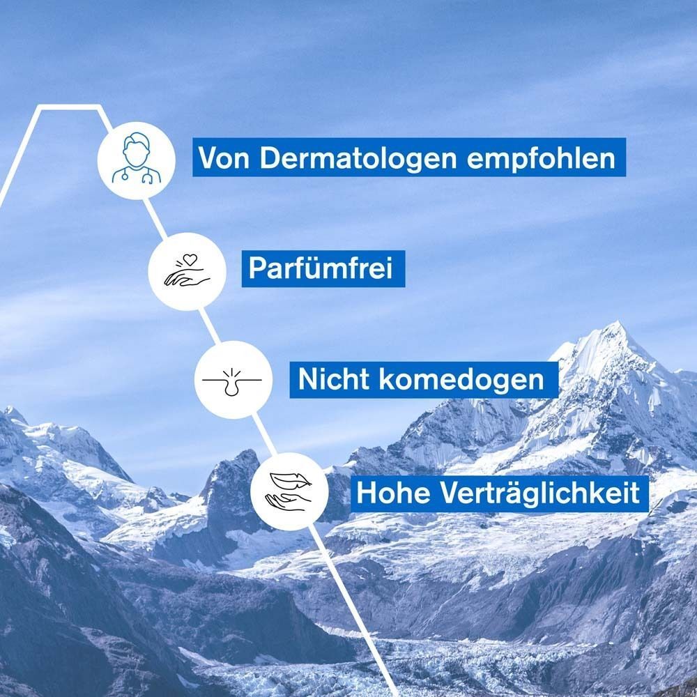 Grafik mit Vorteilen. Text: Von Dermatologen empfohlen, parfümfrei, nicht komedogen, hohe Verträglichkeit. Berglandschaft im Hintergrund.