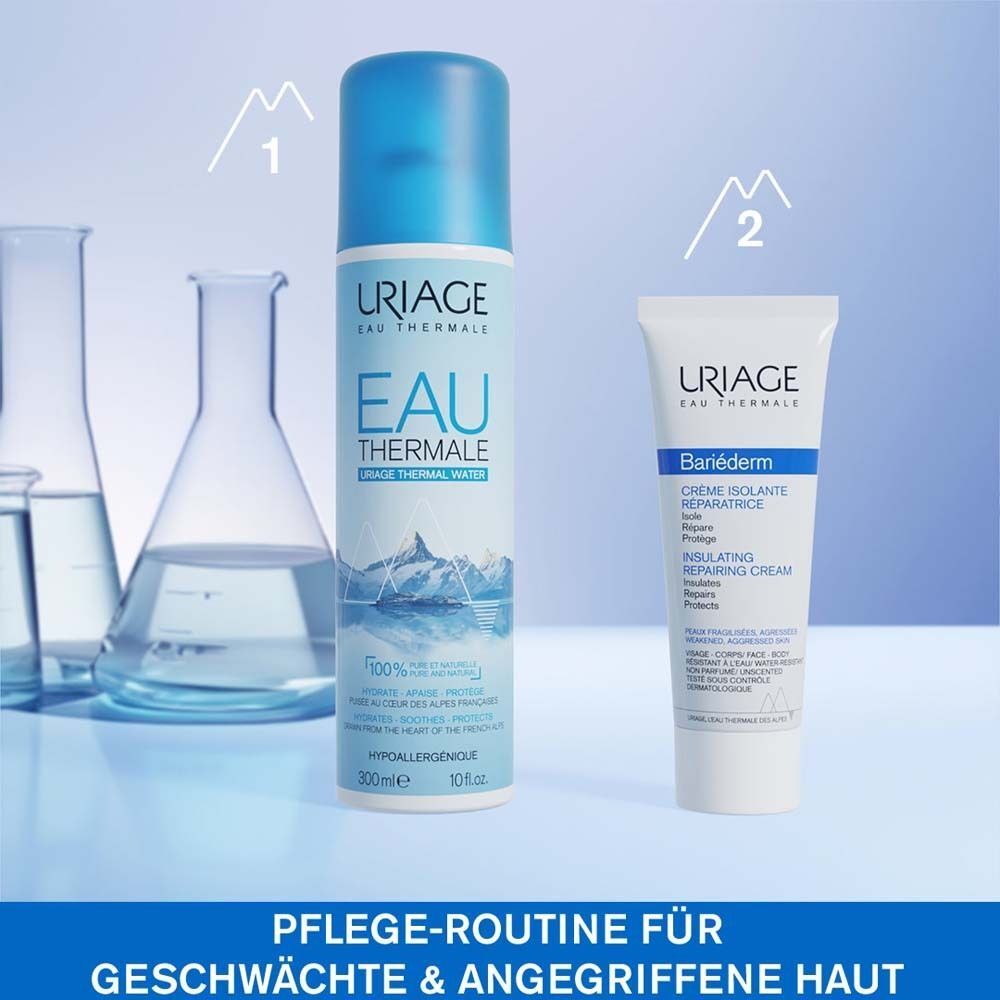 Zwei Produkte: URIAGE Thermalwasser Spray und URIAGE BARIÉDERM Creme. Text: Pflege-Routine für geschwächte & angegriffene Haut.