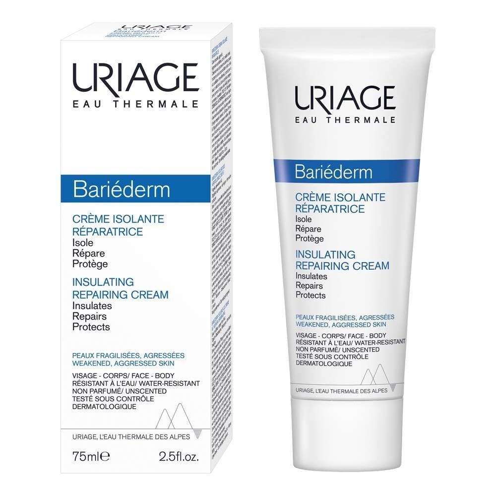 URIAGE BARIÉDERM Creme. Weiße Tube mit blauer Schrift. Text: Crème Isolante Réparatrice, Insulating Repairing Cream. 75ml.