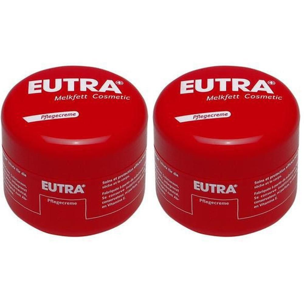 Zwei rote Tiegel mit weißer Aufschrift EUTRA Melkfett Cosmetic Pflegecreme. Runde Form, weißer Deckel-Aufkleber.