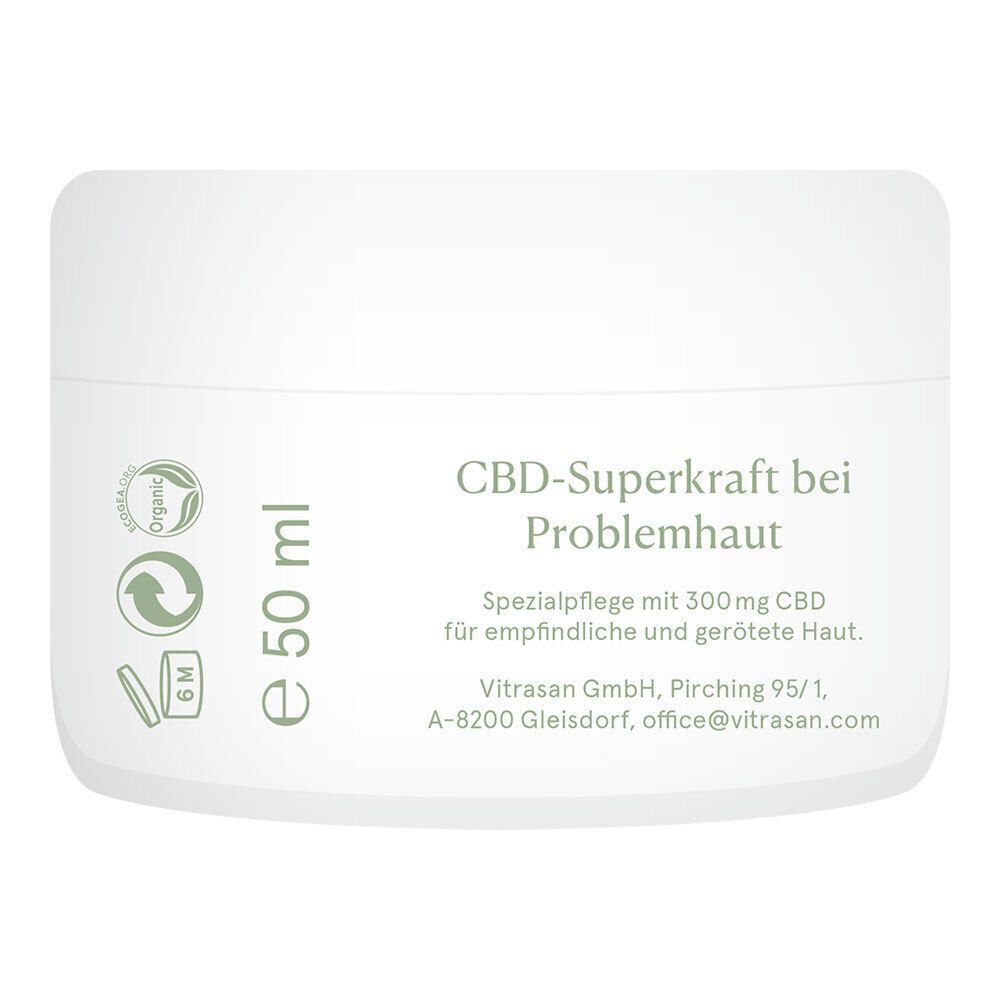 Rückseite eines weißen Tiegels. Text: CBD-Superkraft bei Problemhaut, 50 ml, Inhaltsstoffe, Adresse.