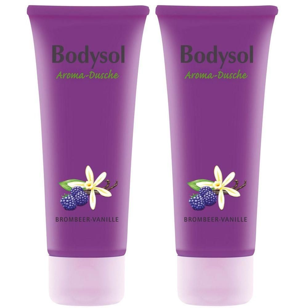 Zwei Tuben Bodysol Aroma-Dusche. Lila Tuben mit Produktnamen, Abbildung von Brombeeren und Vanilleblüte. Text: Brombeer-Vanille.