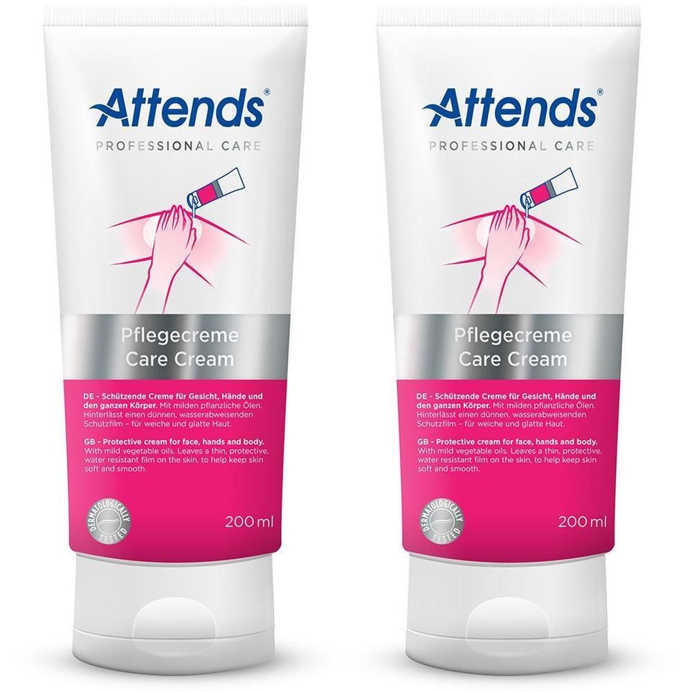 Zwei Tuben Pflegecreme. Aufschrift: Attends Professional Care. Text: Pflegecreme, Care Cream. 200 ml.