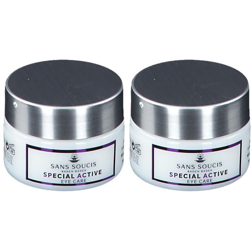 Zwei Tiegel Augencreme. Weiße Gläser mit silbernen Deckeln. Aufschrift: SANS SOUCIS SPECIAL ACTIVE EYE CARE.