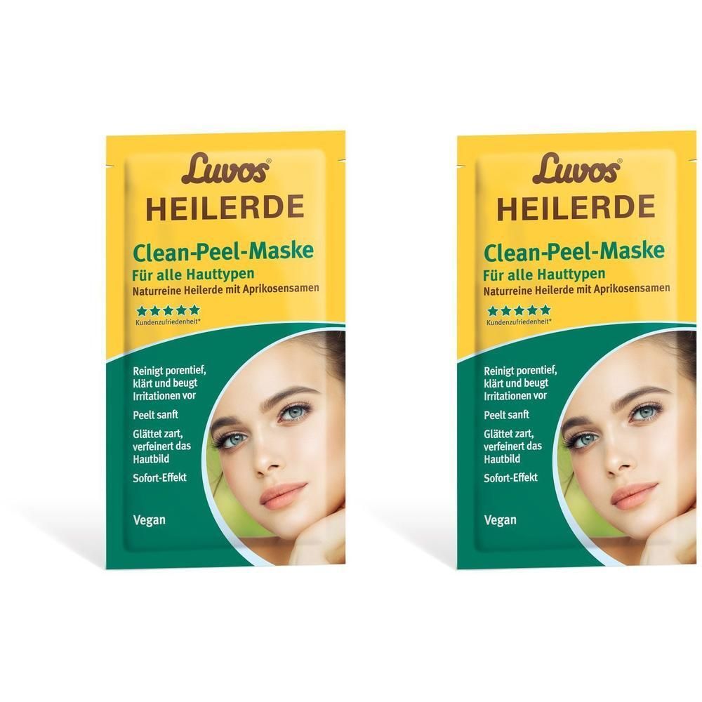 Zwei gelbe Beutel mit Produktaufdruck. Text: Luvos Heilerde Clean-Peel-Maske. Abbildung eines Gesichts. Vegan.