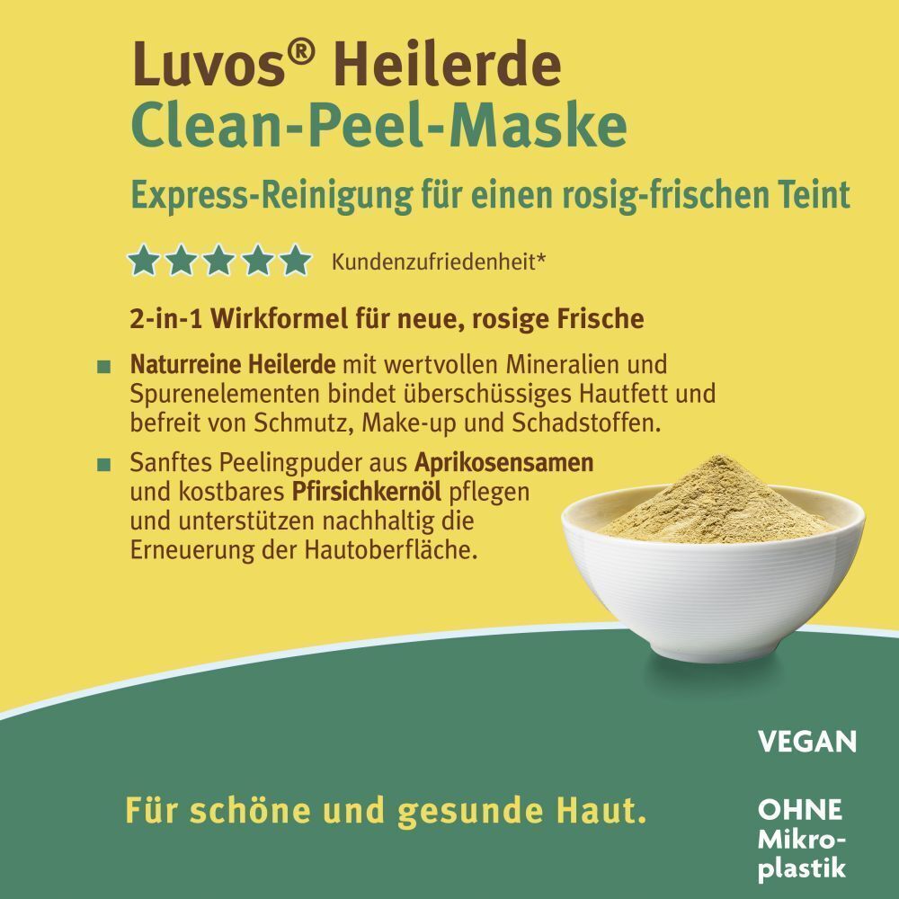Text: Luvos Heilerde Clean-Peel-Maske. Text: Express-Reinigung. Text: 2-in-1 Wirkformel. Schüssel mit Pulver. Vegan. Ohne Mikroplastik.