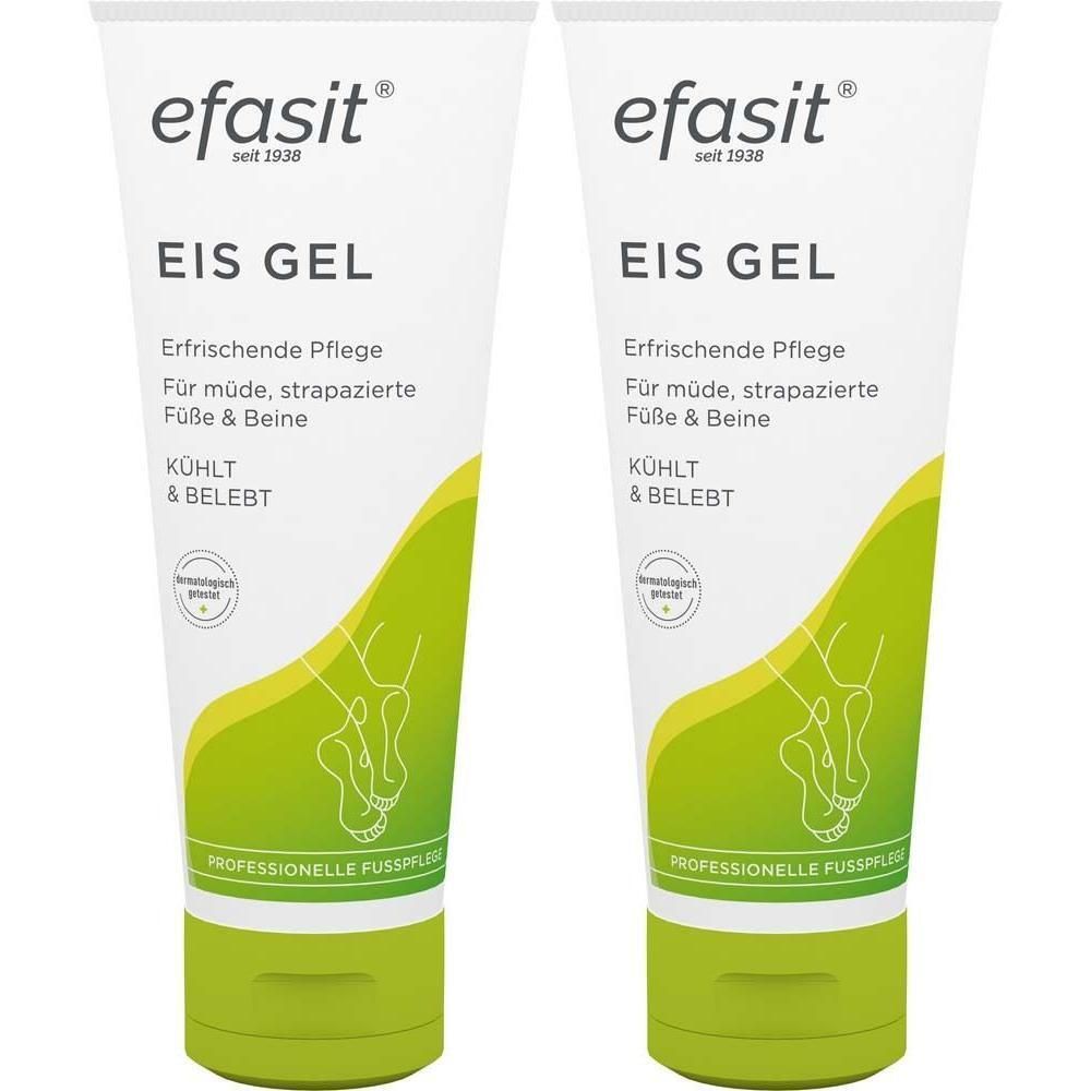 Zwei Tuben Eis Gel. Weiß, mit grünem und gelbem Design. Aufschrift: efasit, EIS GEL, Erfrischende Pflege, KÜHLT & BELEBT.