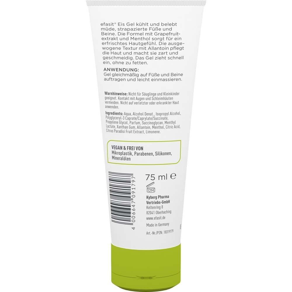 Rückseite einer Tube Eis Gel. Text: Inhaltsstoffe, Anwendungshinweise, 75 ml, Herstellerinformationen, Made in Germany.