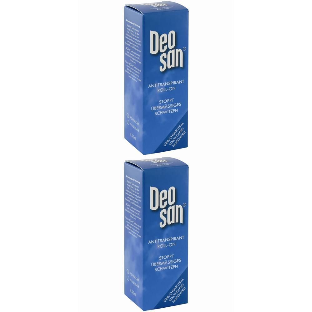 Zwei blaue Kartons mit der Aufschrift "Deo san Antitranspirant Roll-On". Text: Stoppt übermäßiges Schwitzen.