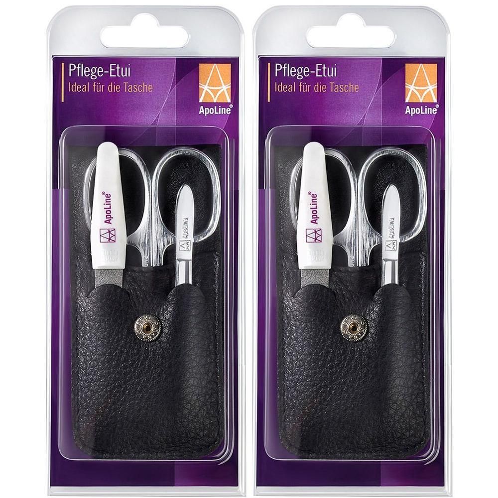 Zwei Pflege-Etuis schwarz in Verpackung. Enthalten Nagelscheren und Etui. Marke: ApoLine. Ideal für die Tasche.